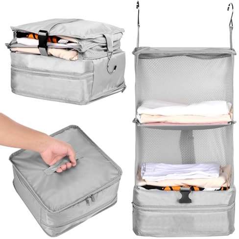 Foribyw Tragbares Hängeregal, 3 Ebenen, Reisegepäck-Organizer, zusammenklappbarer Koffer, Packwürfel, platzsparend, Kompressions-Aufbewahrungstasche für Schrank, Kleiderschrank, Handgepäck (30 x 30 x
