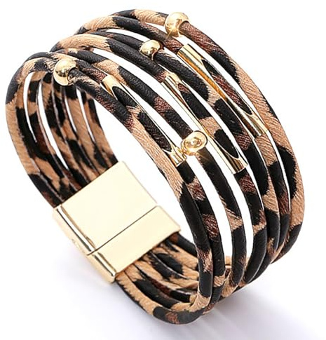 Rumnoke Leather Wrap Bracelets for Women Leopard Leather Cuff Bracelet Multilayer Wristband Bangle with Magnetic Buckle Leopard