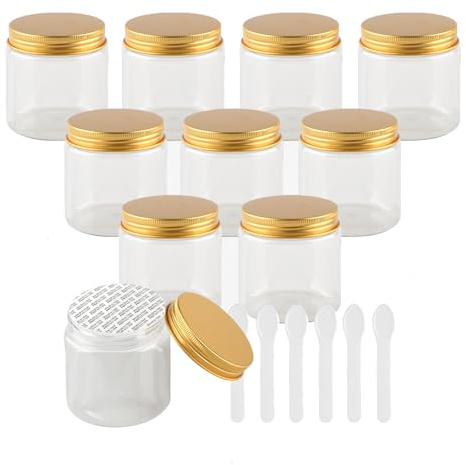 PQPAUTY 12 Pièces Vides Petit 250 ml Transparent Cosmétique Pot en Plastique avec Couvercle Or 250 g Pots de Cosmétique Crème de Bouteille Contenant avec 6x Spatules