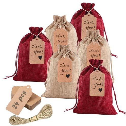 Penubuy 24 presentpåsar för jute med dragsko och presenthängen, 13 x 18 cm återanvändbar liten tygväska för godis mynt smycken party (två färger-stor)