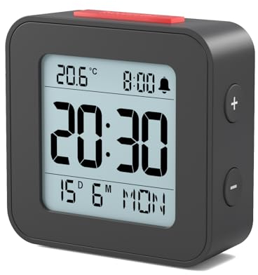 LATEC Despertador Digital Pilas, Reloj Despertador con Función de Snooze Fecha y Temperatura, Volumen Ajustable, Diseño Portátil Mini para Viajes y Dormitorio