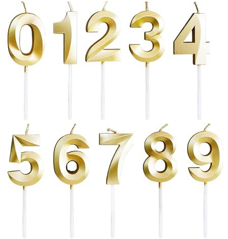 NYGGTYK Lot de 10 bougies d'anniversaire avec chiffres - Décoration d'anniversaire - Nombre de feux d'artifice - Bougies créatives avec chiffres dorés - Décoration de gâteau 3D - Convient pour les