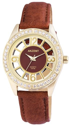 Excellanc Modische Design Damen Armband Uhr Weiß Braun Gold Strass Kristalle Glasboden Analog Kunst Leder 3ATM Quarz 9SS8004000016