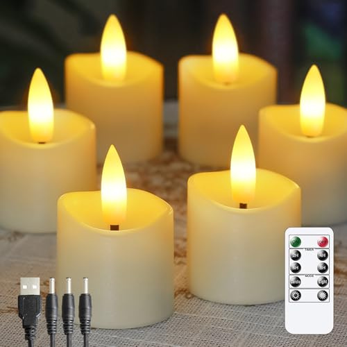 Zevanor Wiederaufladbare flammenlose Fernbedienung 4cm x4cm Teelicht LED-Kerzen, flackernde Kunststoff Elfenbein Timerfunktion Packung von 6 Votiv Teelicht Kerzen mit Ladekabel