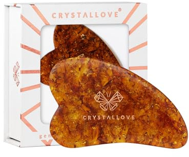 Crystallove Gua Sha Stein mit Cognac Bernstein- Massageroller - Herzform - Guasha Board - Gesichtsmassage für Gesicht, Augen, Augenschwellungen Hautstraffung von Gesicht - Face Massager