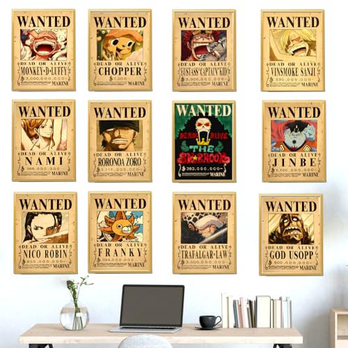 12PCS One Piece Wanted Poster, Anime Poster, One Piece Steckbriefe, Strohhut Piraten Poster Vintage, für Schlafzimmer Dekoration Wall Decor Posters, Wandcollage Geburtstag Geschenke für Fans Kinder