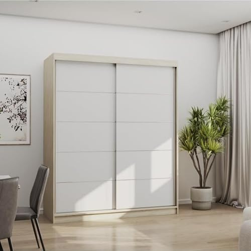 Fabryka Mebli Idźczak Kleiderschrank, Wohnzimmerschrank - Weiß, Sonoma Schwebetürenschrank, Schlafzimmerschrank - ‎61 x 160 x 195 cm - Schrank für Schlafzimmer, Wohnzimmer, Garderobe, modern