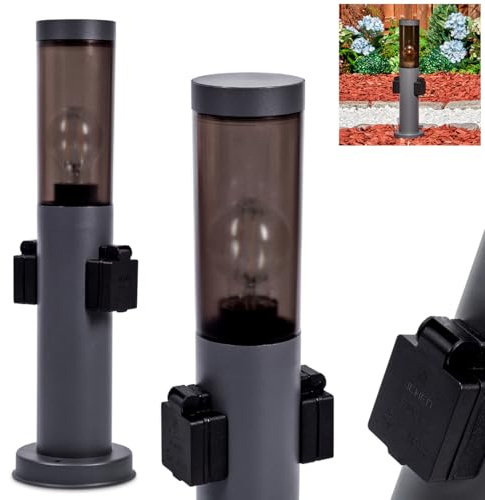 HOFSTEIN Sockelleuchte Sessa, Außenwegeleuchte mit 2 Steckdosen aus Metall/Kunststoff in Anthrazit/Rauchfarben oder Weiß, moderne Wegeleuchte für Garten, Außenbereich, Hof, Terrasse, 45,5cm, E27, IP44