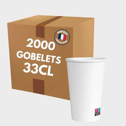 COVR Gobelets carton blanc 33cl - 12 oz / 2000 unités, Recyclables, Boisson Chaude et Boisson Froide, Solide et Bonne Prise en Main, Résistant