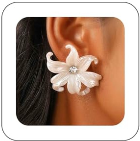 Yheakne Vintage Large Acrylic Flower Stud Earrings White Resin Flower Earrings Big Iris Floral Stud Earrings Exaggerated Flower Rhinestone Petal Earrings Jewelry for Women