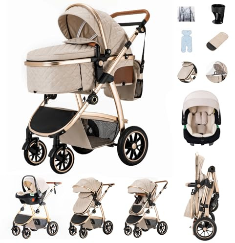 Zkiprm 3 in 1 Kinderwagen, Reisesystem, Buggy & Sportsitz, Höhenverstellbare Armlehnen und Kinderwagen mit Aluminiumgestell/Mumientasche/Moskitonetz/Baumwollmatte, für Neugeborene 0-4 Jahre
