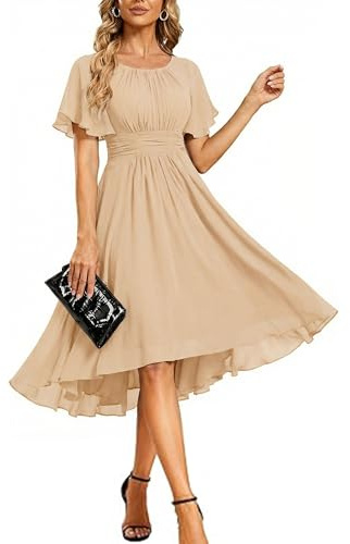 Ever-Pretty Damen-Kleid Für Hochzeitsgäste Kurzärmelig Empire-Taille Chiffon Knielang Elegantes A-Linien-Abendkleid EG02053