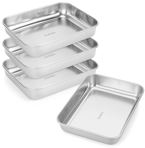 Aramanara 4 Pcs 25.8 x 20 x 5 cm Deep Stainless Steel Baking Trays | Non Stick Rectangular Cake Tin, Stainless Steel Roasting Dish, Stainless Steel Oven Trays for Food Serving Kitchen Cooking