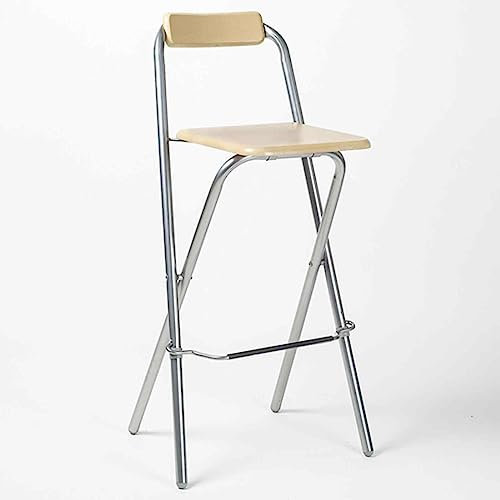 Sgabello da giardino pieghevole in legno con schienale alto da 22 mm, tubo in acciaio argentato, altezza 70/75 cm, con finitura in noce, colore nero/bianco