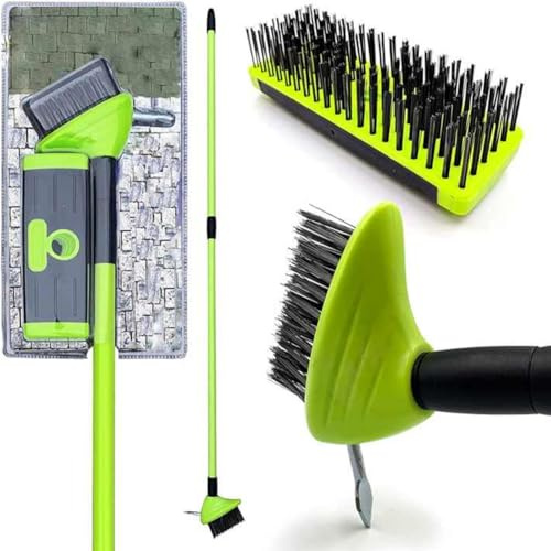 3-in-1 Telescopic Weed Brush Broom and Metal Scraper Set | Extendable Handle 80-140cm | Remove Weeds, Moss, Algae, and Debris from Patios, Driveways, Garden Paths, and Paving | Green/Black