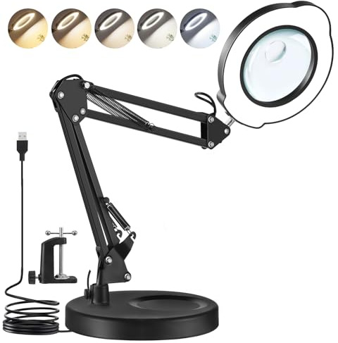 wowspeed Lupe mit Licht und Ständer, 10X-15X LED Lupenlampe mit Klemme, Dimmbar 5 Einstellbare Farben und 10 Helligkeitsstufen, Lupenleuchte für handwerkliche Reparaturen, Lesen, Basteln Modellbau