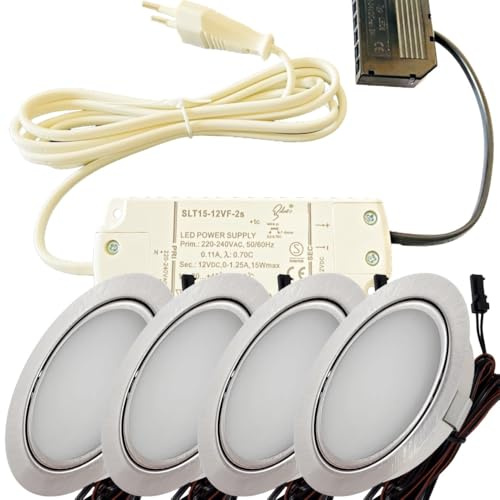 LED Einbaustrahler Möbel 12V 3W – 4er Set mit Trafo, Kabelbaum & Netzstecker – Plug & Play Spots warmweiß 3000K – Ø65 mm, 55–60 mm Einbauloch – flache LED Einbauleuchten für Möbel in Küche & Schrank