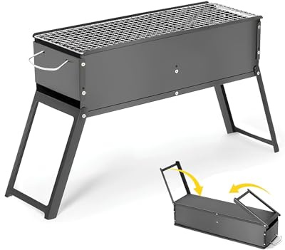 Griglia a carbonella pieghevole portatile con griglie regolabili, set completo di accessori tra cui spazzola e spiedini, ideale per giardino, barbecue, campeggio e cucina (50 x 19 x 35 cm)