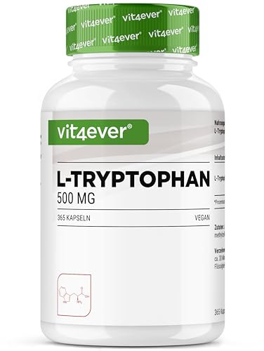 L-triptófano - alta dosis con 500 mg por cápsula - 365 cápsulas veganas - suministro para 12 meses - a partir de fermentación vegetal - sin aditivos innecesarios, vegano