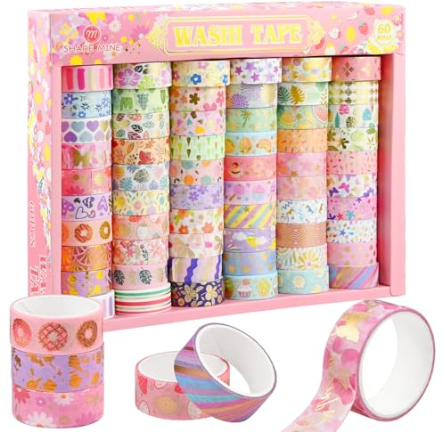 Washi Tape Set - 60 Rolls Blumen Masking Tapes Folie Gold Washi Tape Set Blumen Tape Klebeband Bunt Set Dekorative Tape für DIY Journal Set, Handwerk, Geschenkverpackung, verschönern Bullet Journals