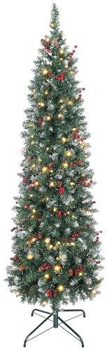 HOMCOM Árbol de Navidad Estrecho 180 cm, Árbol de Navidad Artificial con Luces LED Blanca Cálida, 7 Modos de Iluminación, 461 Ramas con Purpurina Plateada, Piñas, Bayas y Soporte Metálico, Verde