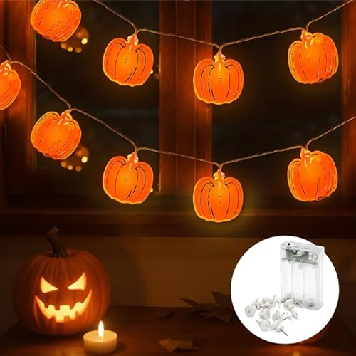 CozyHome Kürbis Lichterkette - 5 Meter & 20 LED in Warmweiß I Mit Batterie | Timer I Halloween Lichterkette Halloween Fairy Lights battery I Jack O Lantern Deko Indoor Led Beleuchtung Helloween Girlande