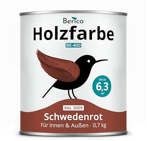 Berico Holzfarbe 0,7 Kg - 4in1 Premium Holzlack - RAL 3009 Schwedenrot | Robuster Holz- & Wetterschutz inkl. Grundierung, für Innen & Außen, schnelle Trocknung, hohe Deckkraft