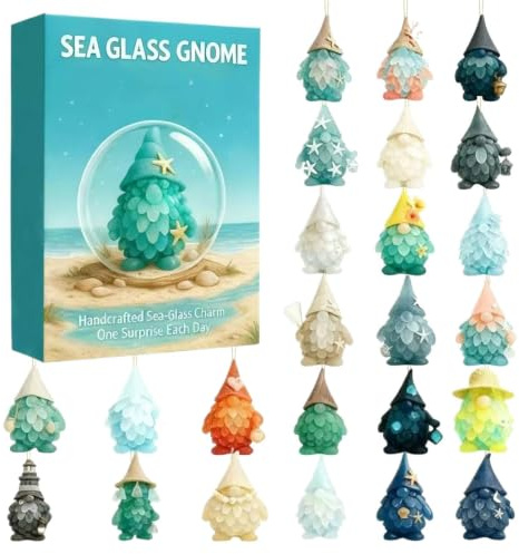 Sea Glass Gnome Adventskalender 2025 | 24 Tage Wichtel Anhänger Weihnachtskalender 2025 | 2D Meeresglas Zwergen Ornamente Weihnachten Countdown Kalender | Niedliche Wichtel Weihnachtsbaumschmuck Deko