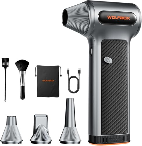 WOLFBOX MF200 Soffiatore a Batteria con Batteria Rimovibile, Soffiatore Aria Compressa Elettrico Portatile 3 Velocità 87.5 m/s, Mini Soffiatore per Pulizia PC Tastiera Auto Casa, Air Duster 4 Ugelli
