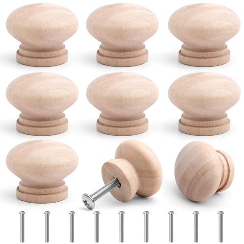 MOSTFUN 9Pcs Round Wood Drawer Knob with Screws | Mushroom Natural Solid Wood Cabinet Knobs for Cabinets, Wardrobes, Dressers, Drawers, Cupboards, Furniture (35mm*25mm)