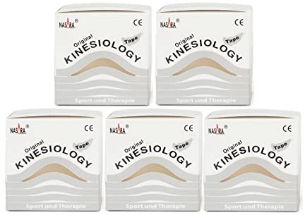 Nasara Original Kinesiologie Physio Tape für Sport und Medizin, Rollengröße 5cm x 5m, 5 Rollen, Weiss