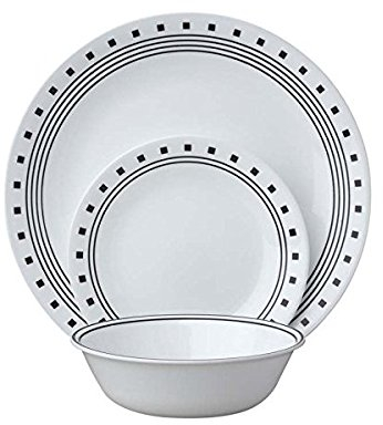 Corelle 18-Piece Vitrelle Glass City Block Chip and Break Resistant Dinner Set, Service for 6, Black