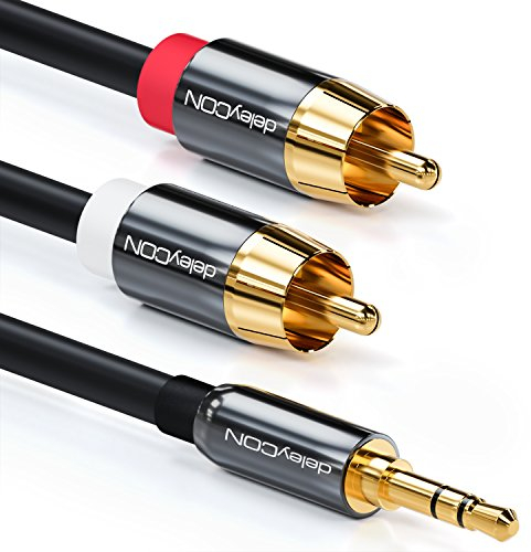 deleyCON 10m Cavo Jack 3,5mm a RCA Cinch - Audio Stereo con Spina Tappo di Metallo - Nero