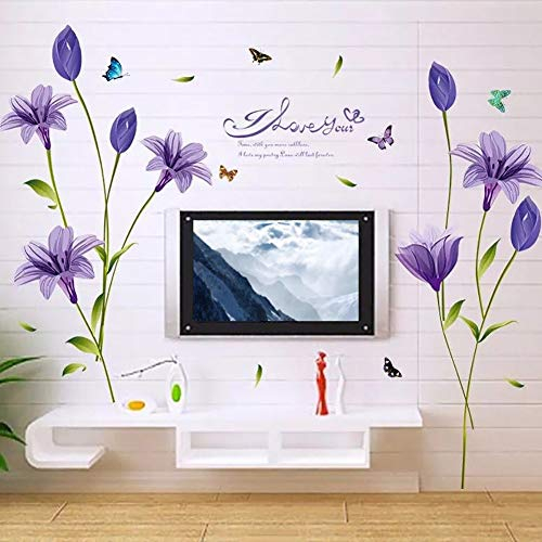 WandSticker4U®- Pegatinas pared flores LIRIO en LILA (160x85 cm) I vinilos decorativos plantas flores lirio mariposas I adhesivos pared para salón dormitorio cocina baño pasillo grandes