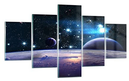 Moderne Impression sur Verre cosmos planète Image Tableau en Verre Decoration Murale 125x70cm Deco Cadre Salon Chambre Cuisine Triptyque 5 parties Petit Tableaux Decoratifs Muraux Art GEA125x70-3575