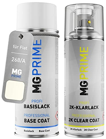 MG PRIME Autolack Spraydose für Fiat 268/A / 268 Bianco Gara + 2K-Klarlack | Gara Weiss, Set aus Basislack + 2K Klarlack, Sprühdosen 400ml