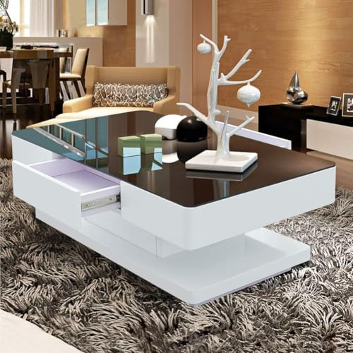 TUKAILAi High Gloss Coffee Table with 2 Drawers Storage Space 8mm Tempered Glass Top Table for Living Room Furniture Reception Waiting Area Table White and Black