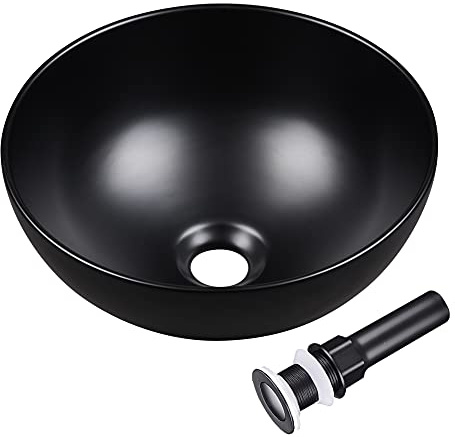 Aquaterior Porcelain Bathroom Vessel Sink 12 Round Vanity Bowl Basin with Pop up Drain Above Counter Countertop RV Black Industrial Modern