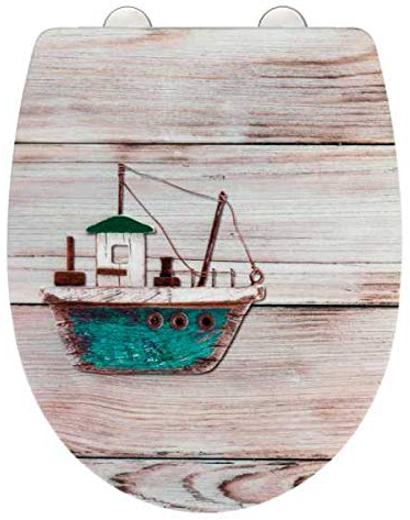 WENKO WC-Sitz AHOI mit Relief-Oberfläche, Toilettendeckel mit Absenkautomatik, bruchstabiler, recycelbarer Thermoplast, Schnellbefestigung aus rostfreiem Edelstahl, 36,5 x 45 cm, maritimes Motiv