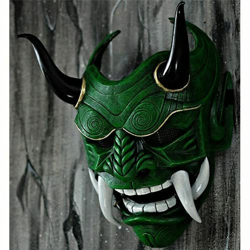 AUSUKY Japanische Dämonenteufel, Hannya Oni, Samurai, Kabuki, Monster, Latexmaske, Cosplay-Requisiten (grün)