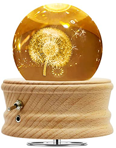 Figermoon 3D Crystal Ball Music Box with Projection LED Light and Rotating Wooden Base, Gift for Birthday, New Year, Christmas, Valentine's Day, Music Boxes for Women Mom Daughter (Dandelion)