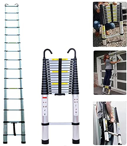 6,2M Aluminium-Teleskopleiter mit 2 Haken,15 Stufen, Teleskop Gerade Leiter für Fensterreinigung Gebäude Wartungsaufgaben, Platzsparende, 150kg Kapazität