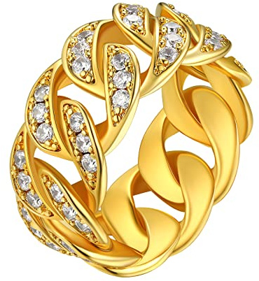 FindChic Panzerkette Ring Damen Herren Bandring Punk Kubanisher Kettenring aus Kupfer 10mm breit Chain Rings mit Cubic Zirkonia in Gold 72