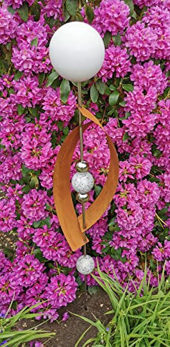 Skulptur Deimos weiß matt gebürstet 145 cm Edelstahl & Cortenstahl Beetstecker Gartenstecker Rosenkugel