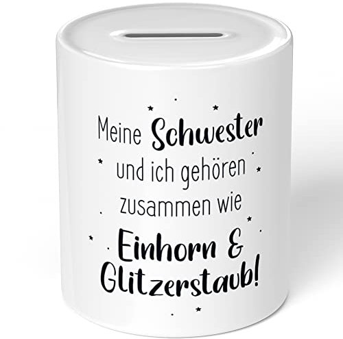 JUNIWORDS Spardose Sparbüchse, Meine Schwester und ich gehören zusammen wie Einhorn & Glitzerstaub! (1008690)