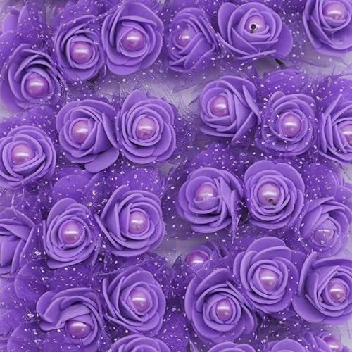 24/72 STK. 3 cm Schaumrose mit Imitationsperle Kunstblumen für Hochzeitsdekoration DIY Brautkranz Home Fake Flower-F10 lila, 72 STK