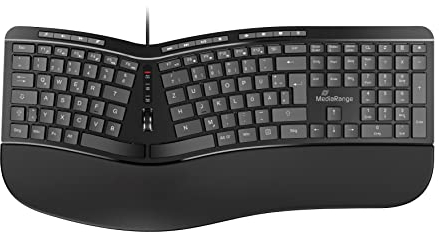 MediaRange Tastiera ergonomica, tastiera multimediale cablata con 124 tasti e rotella di scorrimento, layout tedesco QWERTZ, resistente agli schizzi e regolabile in altezza, colore nero