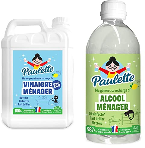 Paulette - Vinaigre Ménager Citron - Bidon Ecocert - 5 L & Paulette - Alcool Ménager Citron - Désinfectant Dégraissant Multi-Surfaces Ecocert - 1 L