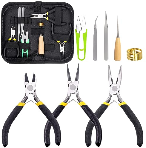 Glarks 8Pcs Jewelry Making Pliers Tools Kit: Needle Nose Pliers, Wire Cutters, Wooden Awl, Tweezers, Thimble Ring, U-Shaped Scissors for Repair and Beading
