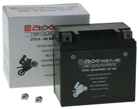 2EXTREME 12V 5Ah 2TX5L-BS Motorrad Batterie kompatibel mit PIAGGIO Fly 50 | AGM, wartungsfrei, versiegelt, vorgeladen; Vergleichstypen YTX5L-BS, GTX5L-BS; kompatibel mit PEUGEOT Buxy 50, MBK Booster 50